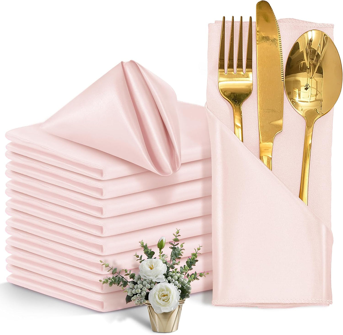 50 Pieces Light Pink Satin Napkins, 17" x 17" Square Table Napkins, Silky Soft Smooth Washable