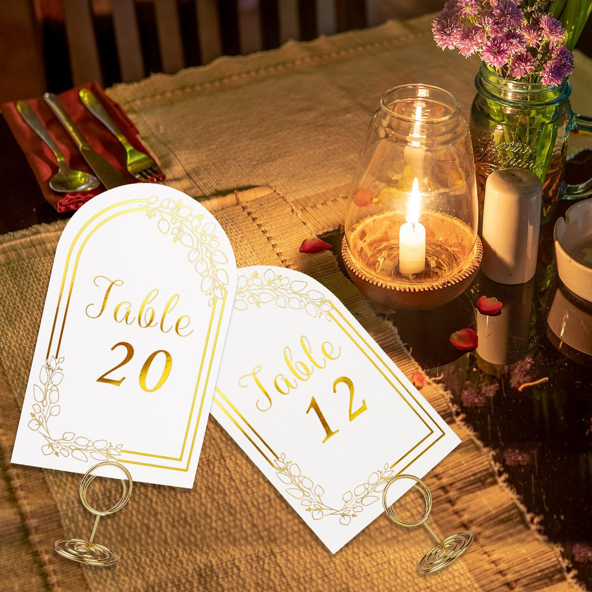 Wedding Table Numbers 1-20, 20 White Gold Tables Number Cards with 20 Gold Table Holders, 1 Set of