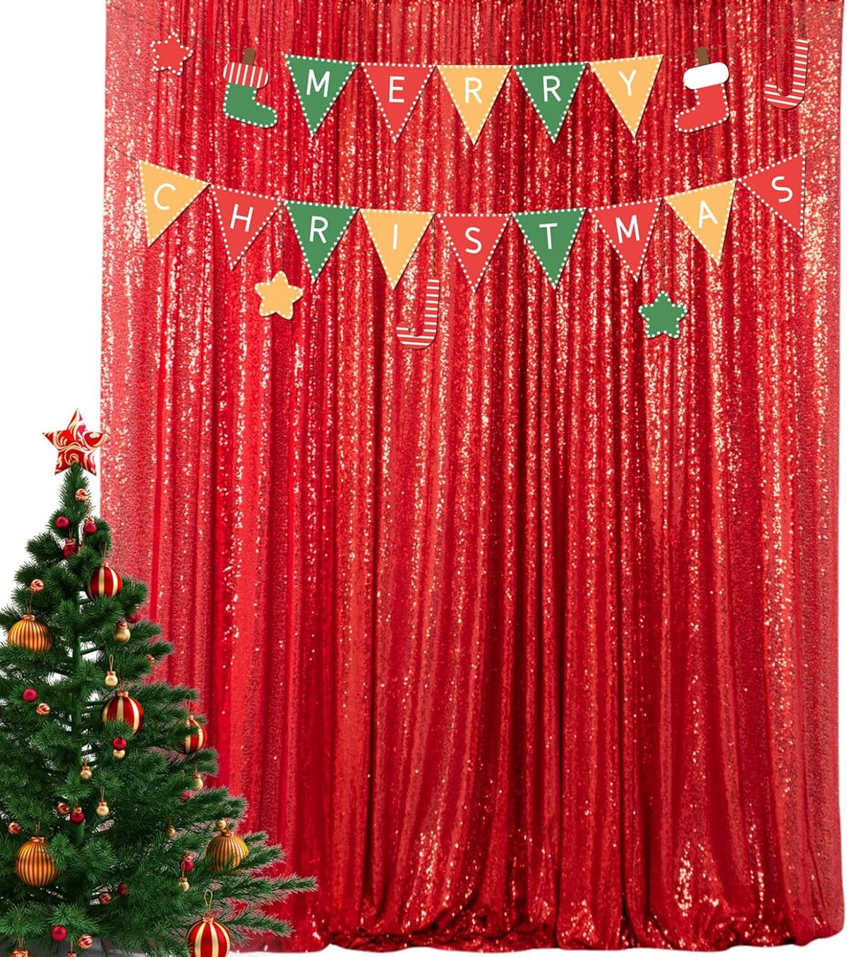 ShinyBeauty Red Sequin-Backdrop-Curtain 2Panels 5FTx10FT Glitter Wedding Photography Background