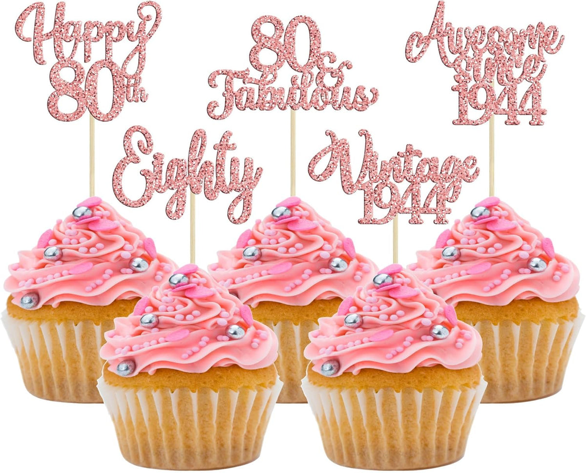 30Pcs Vintage 1944 Cupcake Toppers Glitter Eighty 80 Fabulous Happy 80th Birthday Cupcake Picks