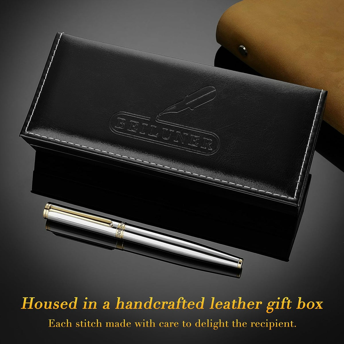 BEILUNER Silver Chrome Fountain Pen,Stunning Luxury with 24K Gold Accents, Gorgeous 24K Gilded