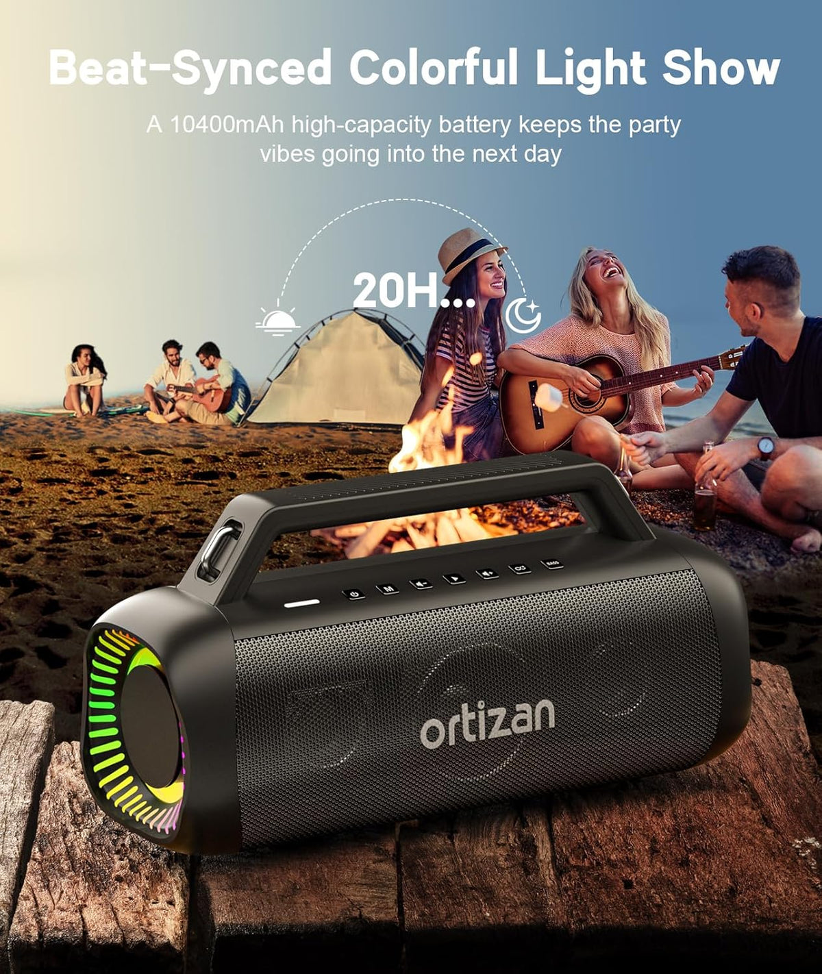 Ortizan Portable Bluetooth Speaker Loud, 80W Peak, Bass Up, 20H Playtime, IPX7 Waterproof, RGB