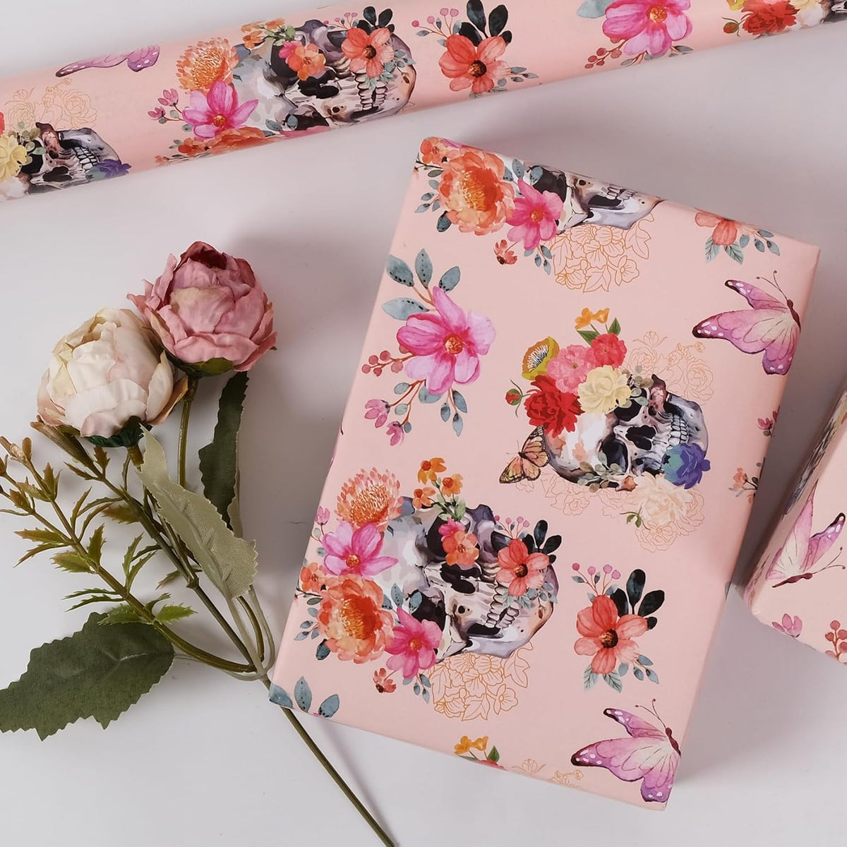 Aimyoo Gothic Wrapping Paper Roll, 17 Inch X 16.5 Feet Skull Floral Butterfly Design Gift Wrap