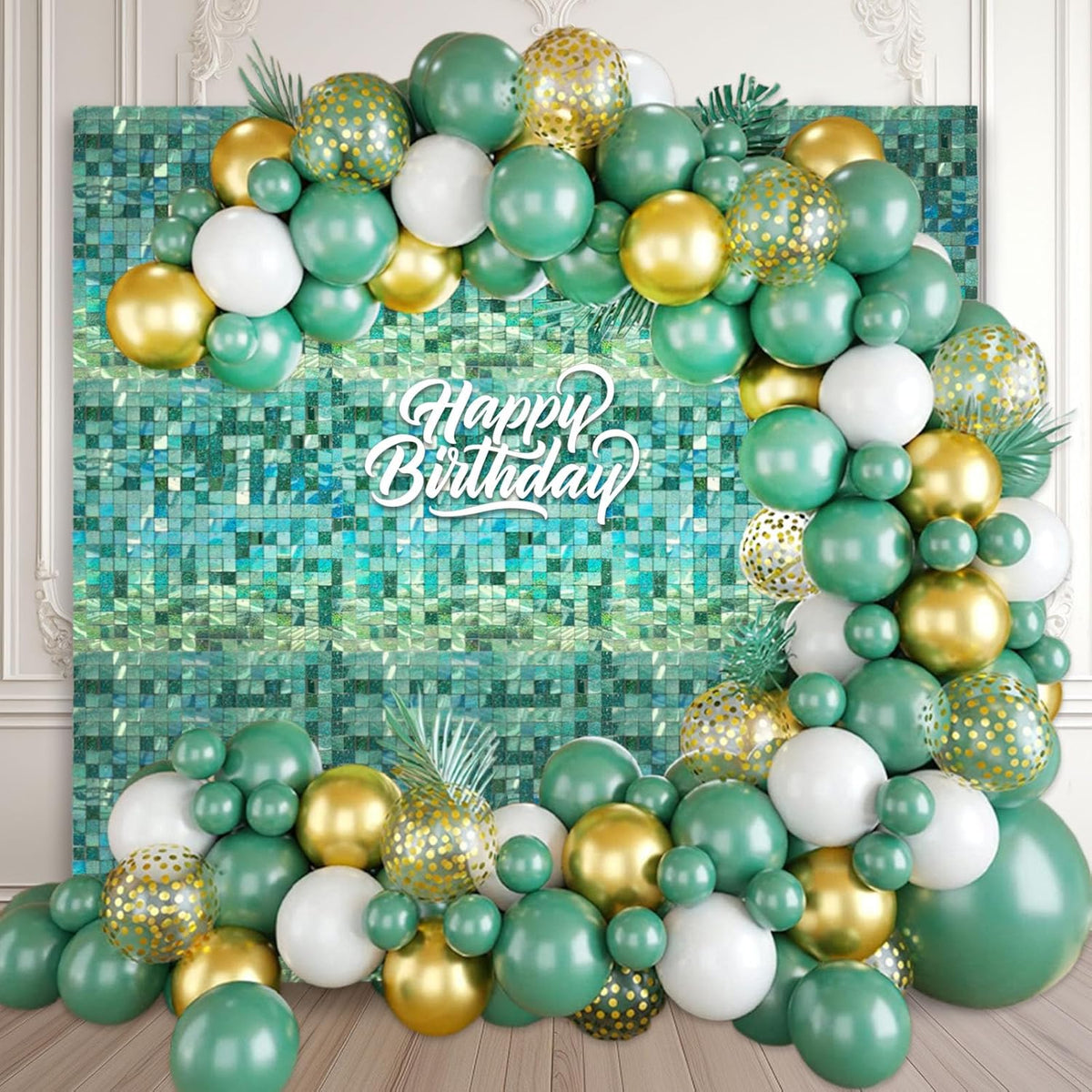 24PCS Light Green Shimmer Wall Backdrop, Laser Square Sequin Photo Backdrops Panel, Glitter Wall
