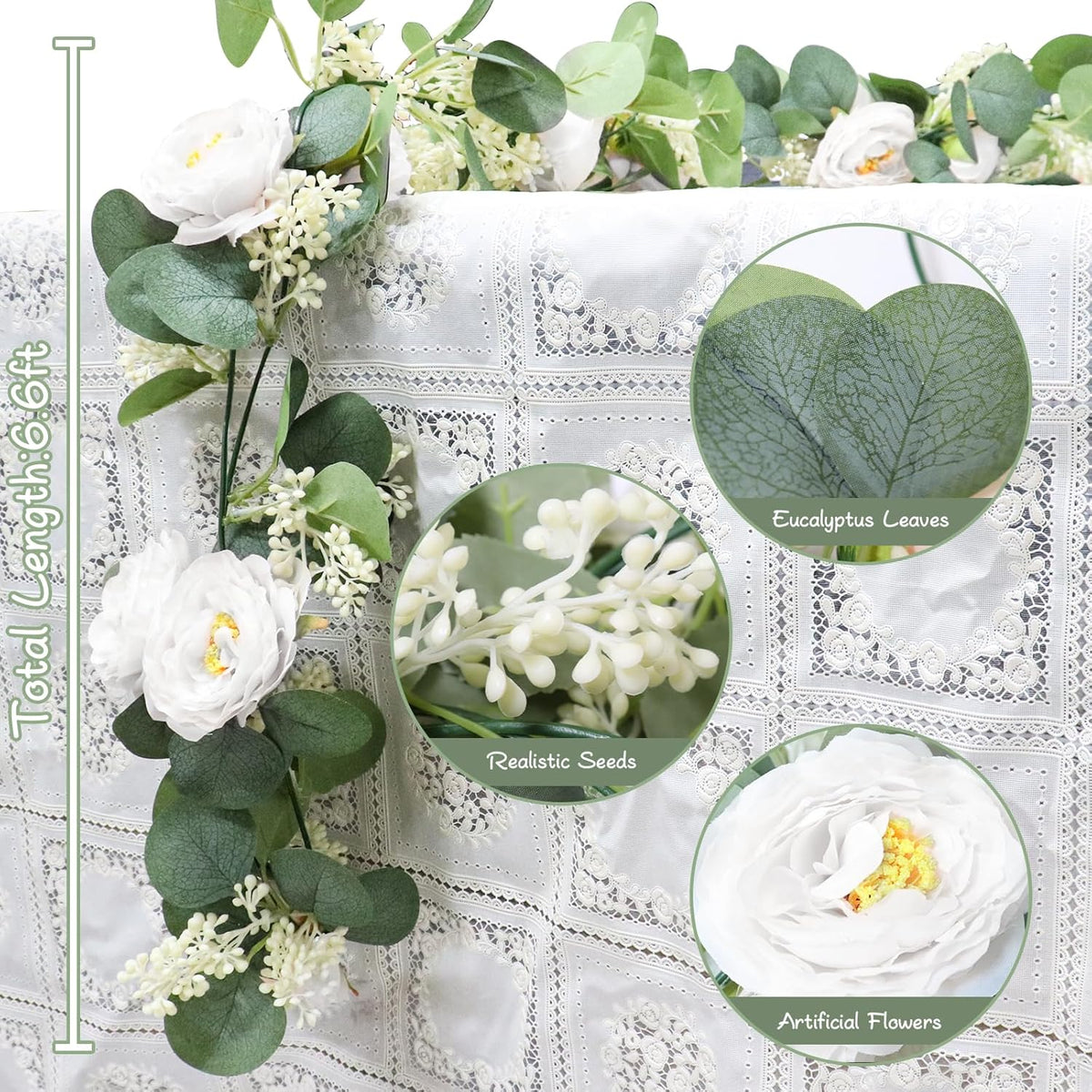 MAKHOT 2Pack White 6.6Ft Artificial Eucalyptus Garland with Flowers, Fake Rose Gypsophila Vine Rose