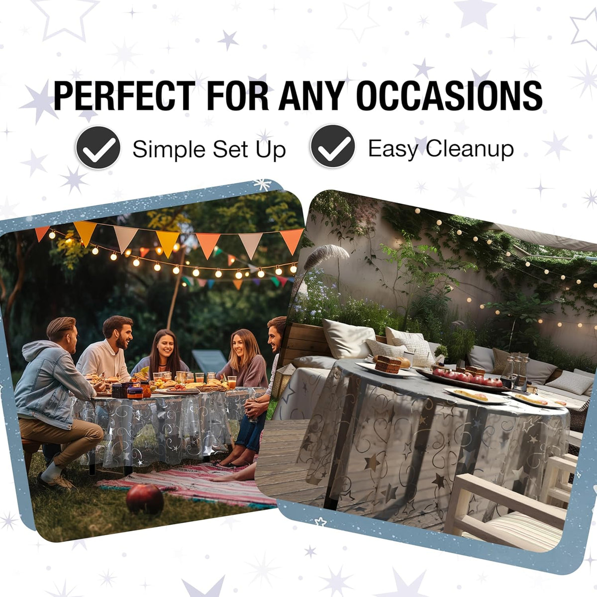 Exquisite Clear Silver Star Tablecloth Plastic 12-Pack Disposable Round Tablecloths 84" Silver Star