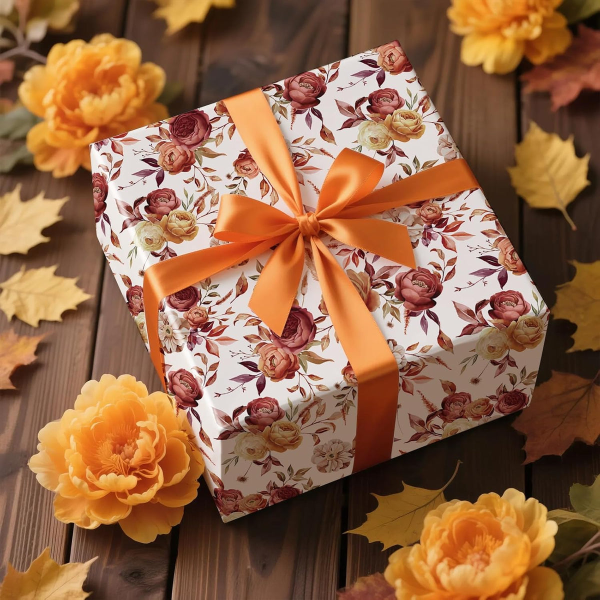 RUSPEPA Fall Floral Wrapping Paper Roll for Women Girls, Mini Roll, Vintage Rose and Autumn Bloom