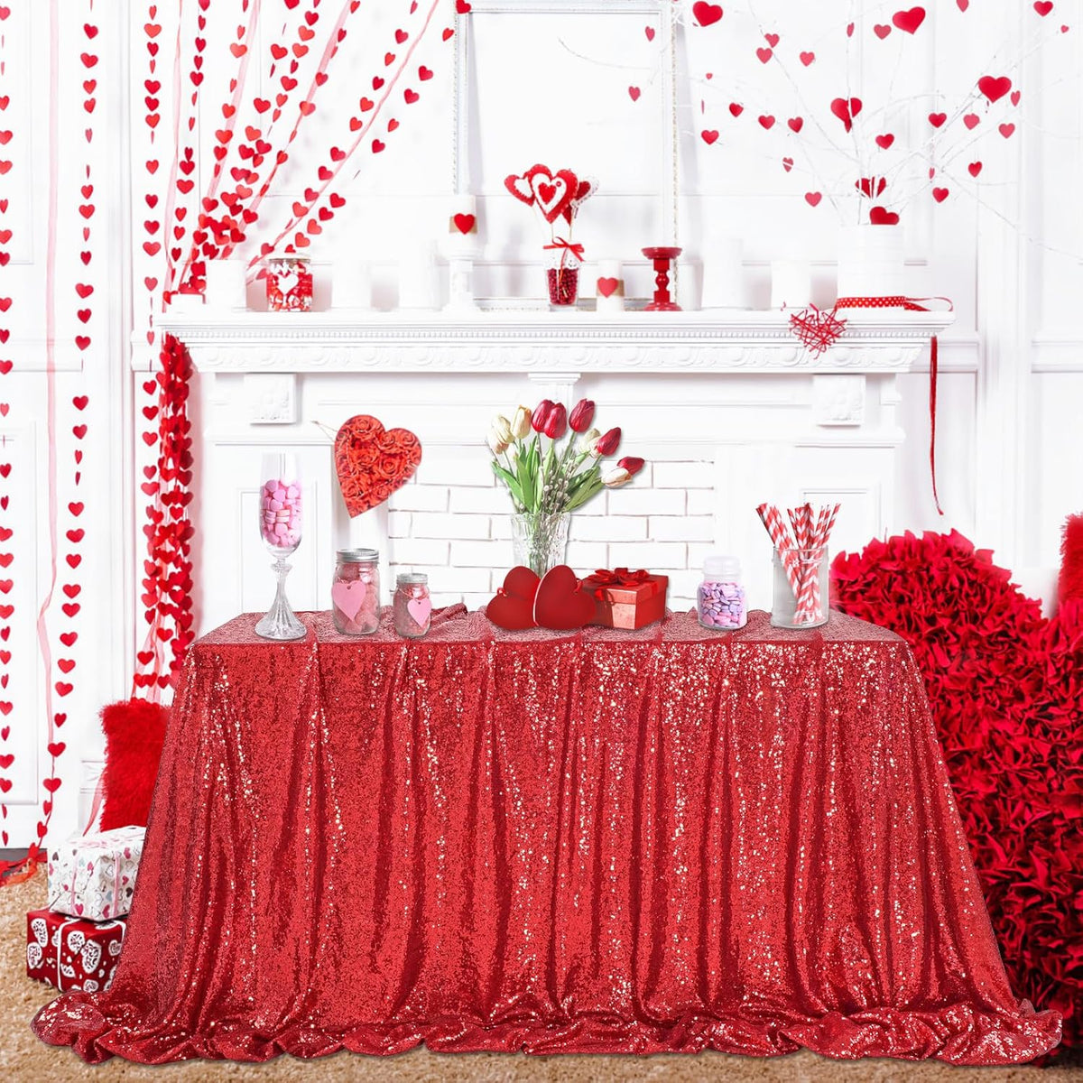 QueenDream Sequin Tablecloth 60x102 Inch Red Tablecloth Glitter Table Cloth for Bridal Shower