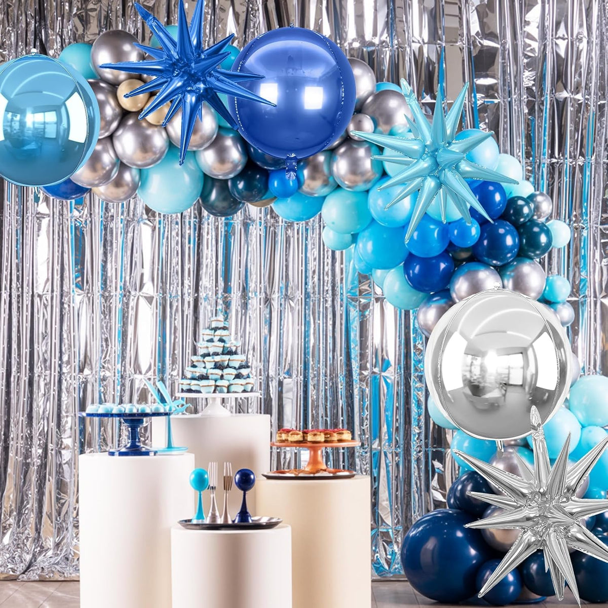 6Pcs Blue Silver Foil Balloons,22Inch Light Blue Silver 4D Round Ball Balloon and Explosion Star
