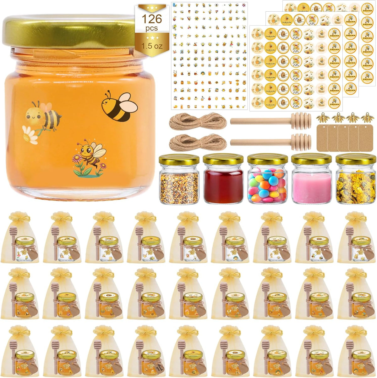 126 Pcs 1.5 oz Mini Round Glass Honey Jars with Dippers, Gold Lids, Bee Stickers, Bee Charms, Gift
