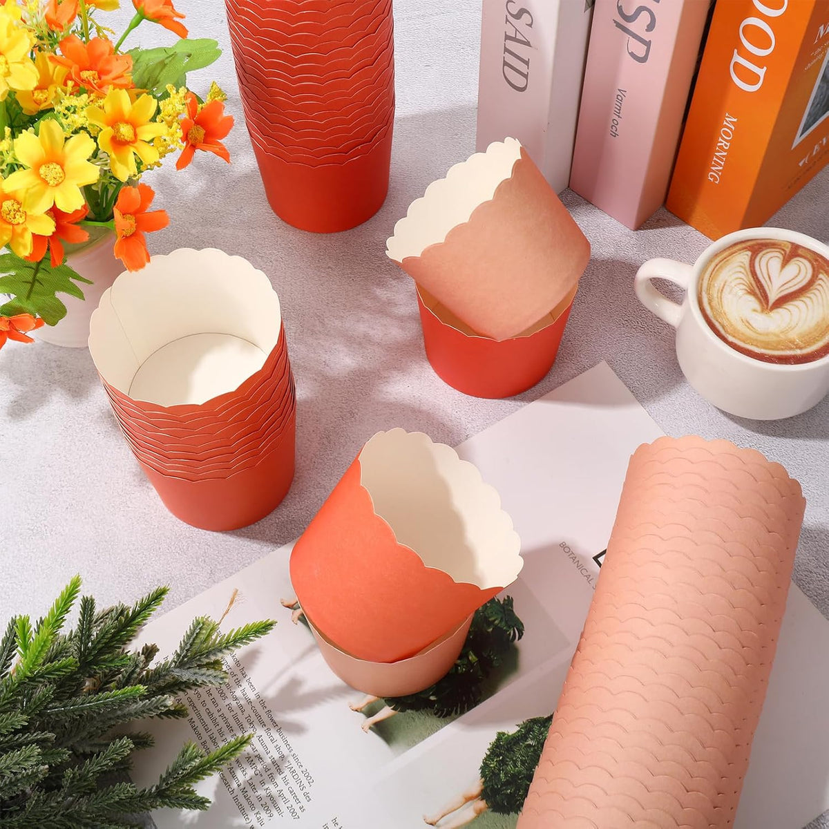 Whaline 120Pcs Orange Paper Baking Cups Scalloped Edge Cupcake Wrappers Gradient Orange Cupcake