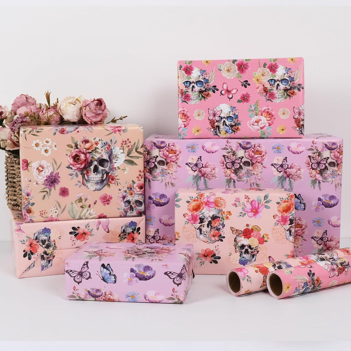 Aimyoo Gothic Wrapping Paper Rolls, 17 Inch X 10 Feet - 4 Rolls - Skull Floral Butterfly Design