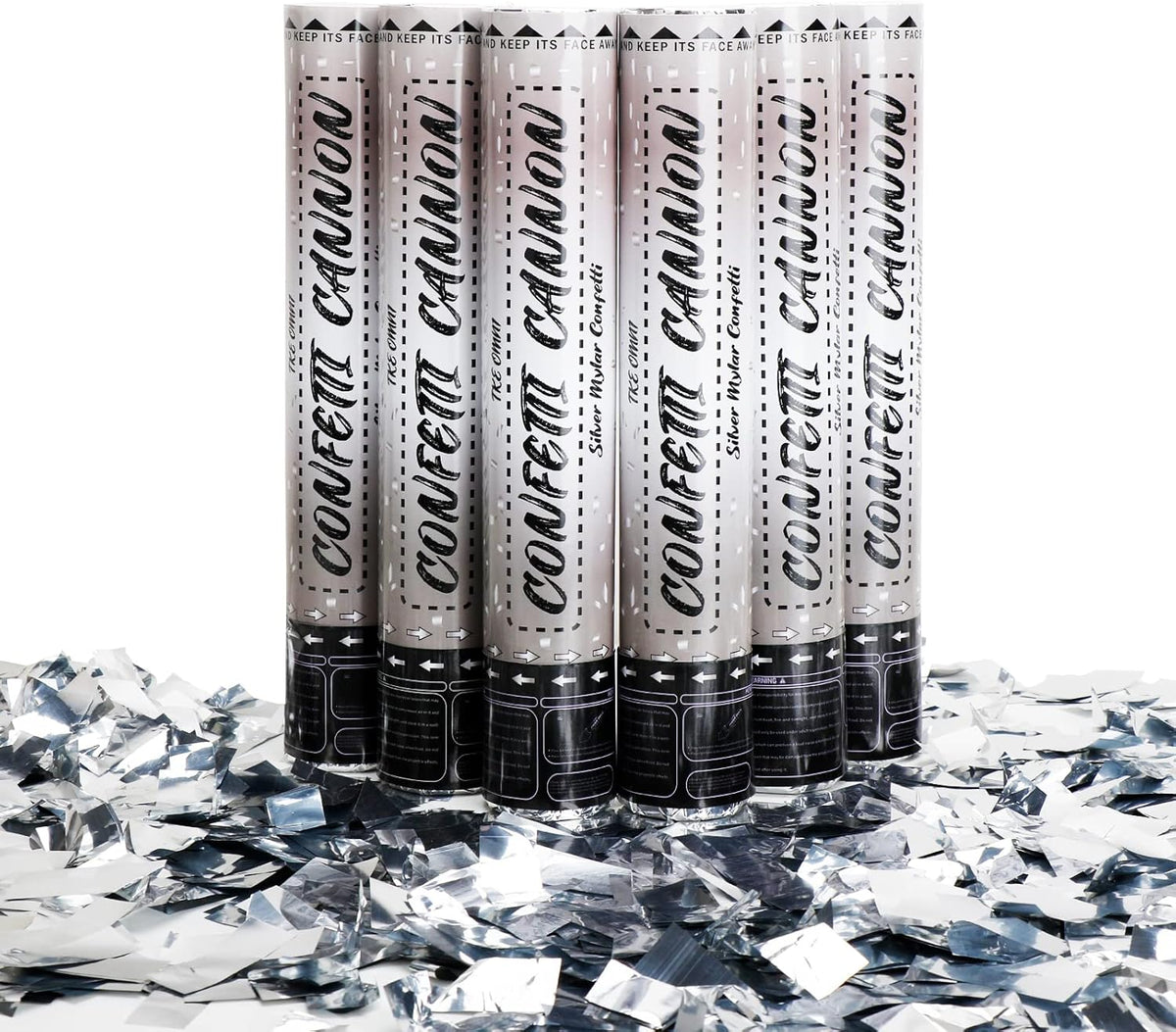 12 Inch Confetti Cannons (6 Pack) – Silver Mylar Confetti Poppers - Air Powered Party Poppers
