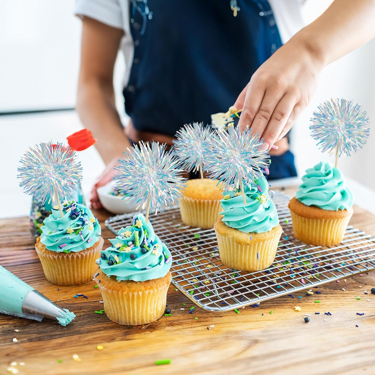Ephlyn 30Pcs Foil Firework Cupcake Toppers Sparkle Tinsel Cupcake Picks Drink Stirrers Cocktail