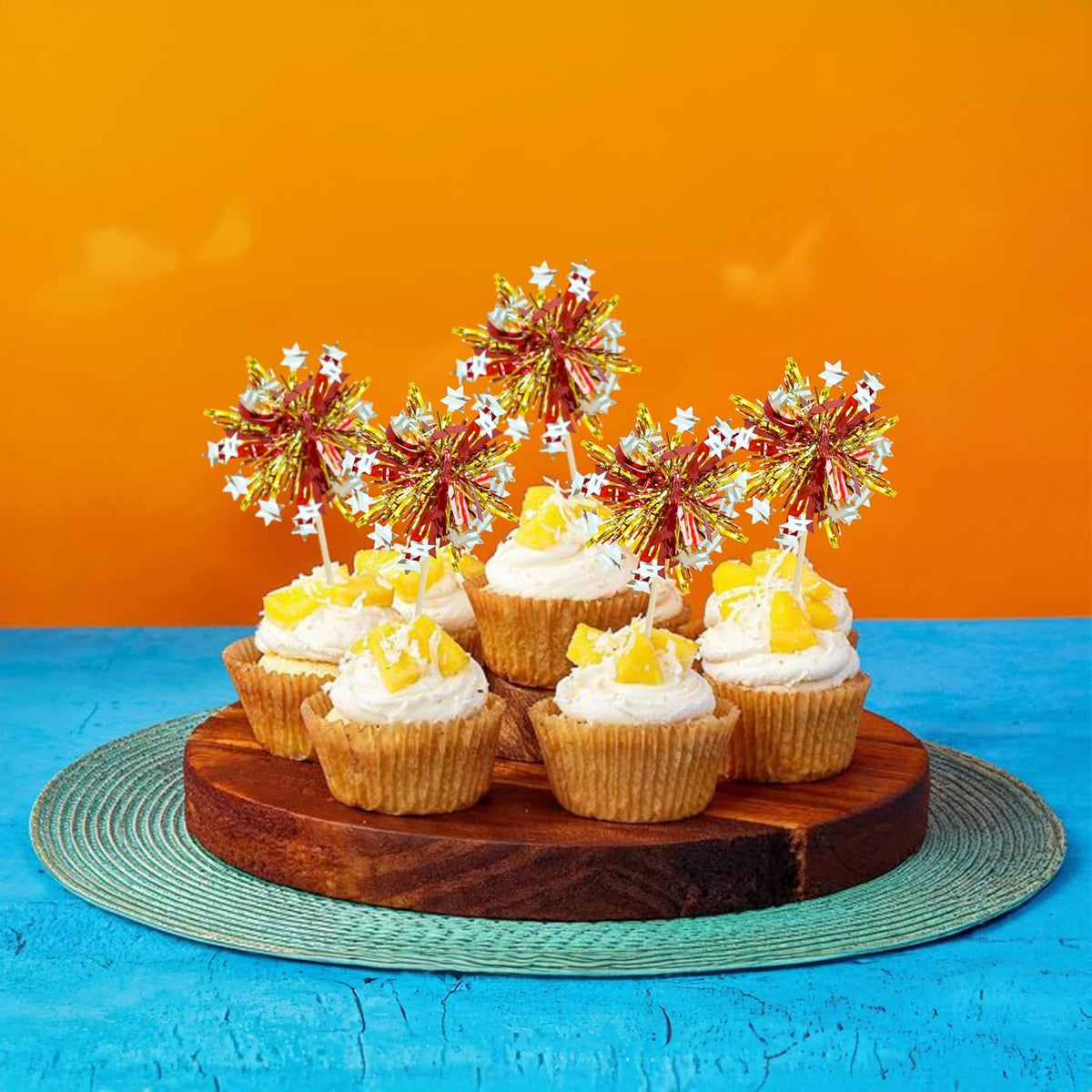 Ephlyn 30Pcs Foil Firework Cupcake Toppers Sparkle Tinsel Cupcake Picks Happy Birthday Cake