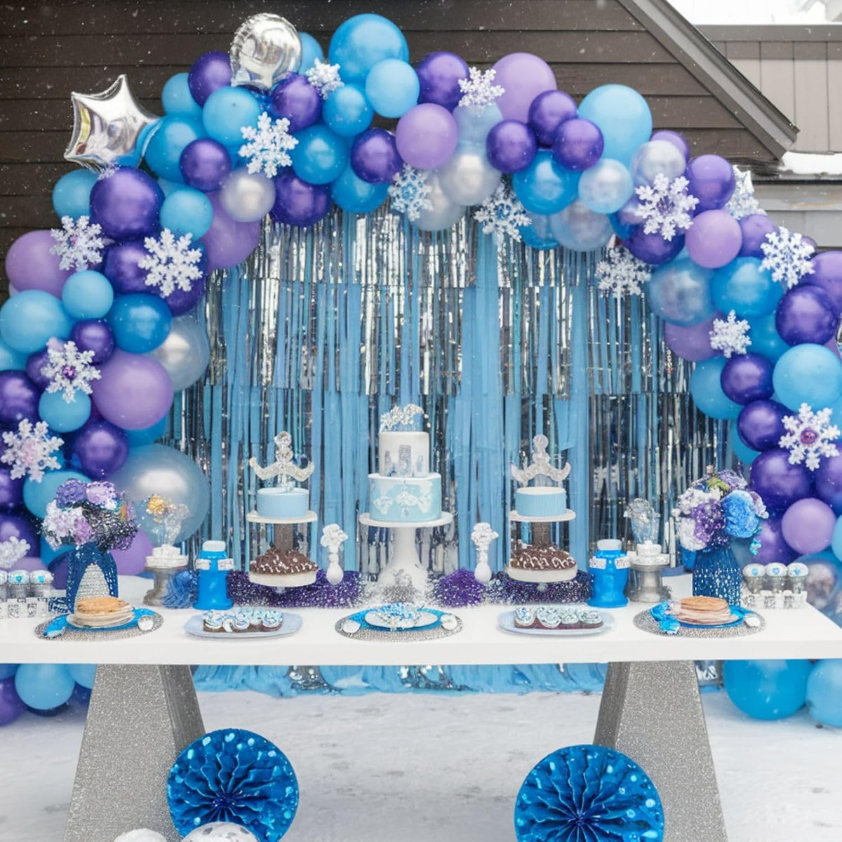 Frozen Balloons, 12 Inch Blue and Purple Balloons, Metallic Silver Blue Frozen Print Snowflake