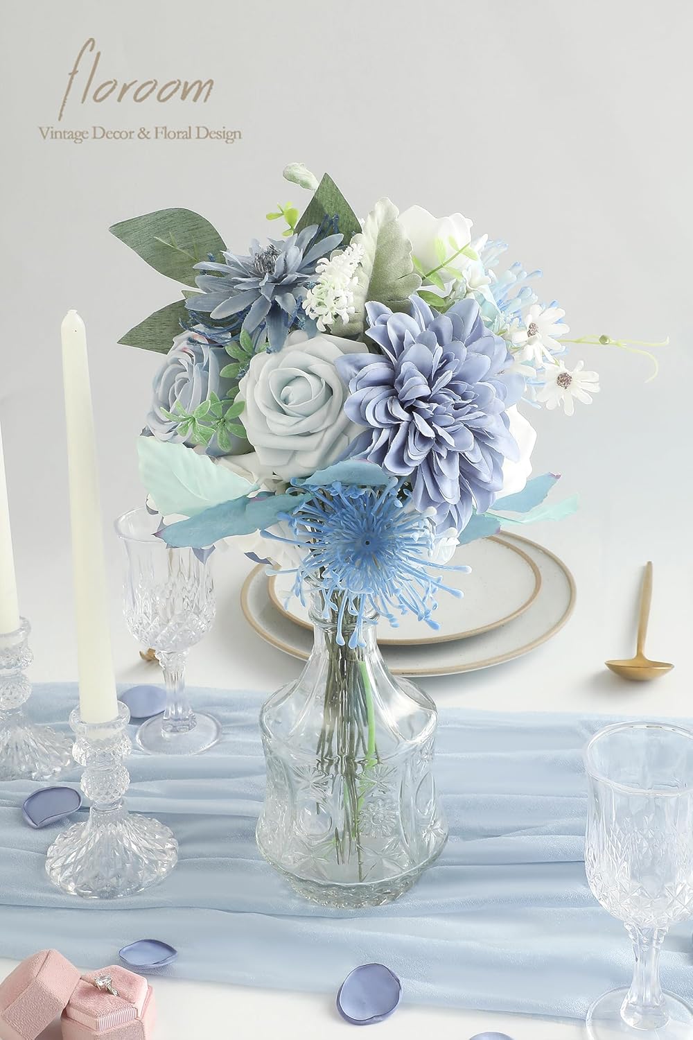 Floroom Dusty Blue Powder Blue Artificial Flowers Fake Roses Dahlias and Greenery Combo Box Set for