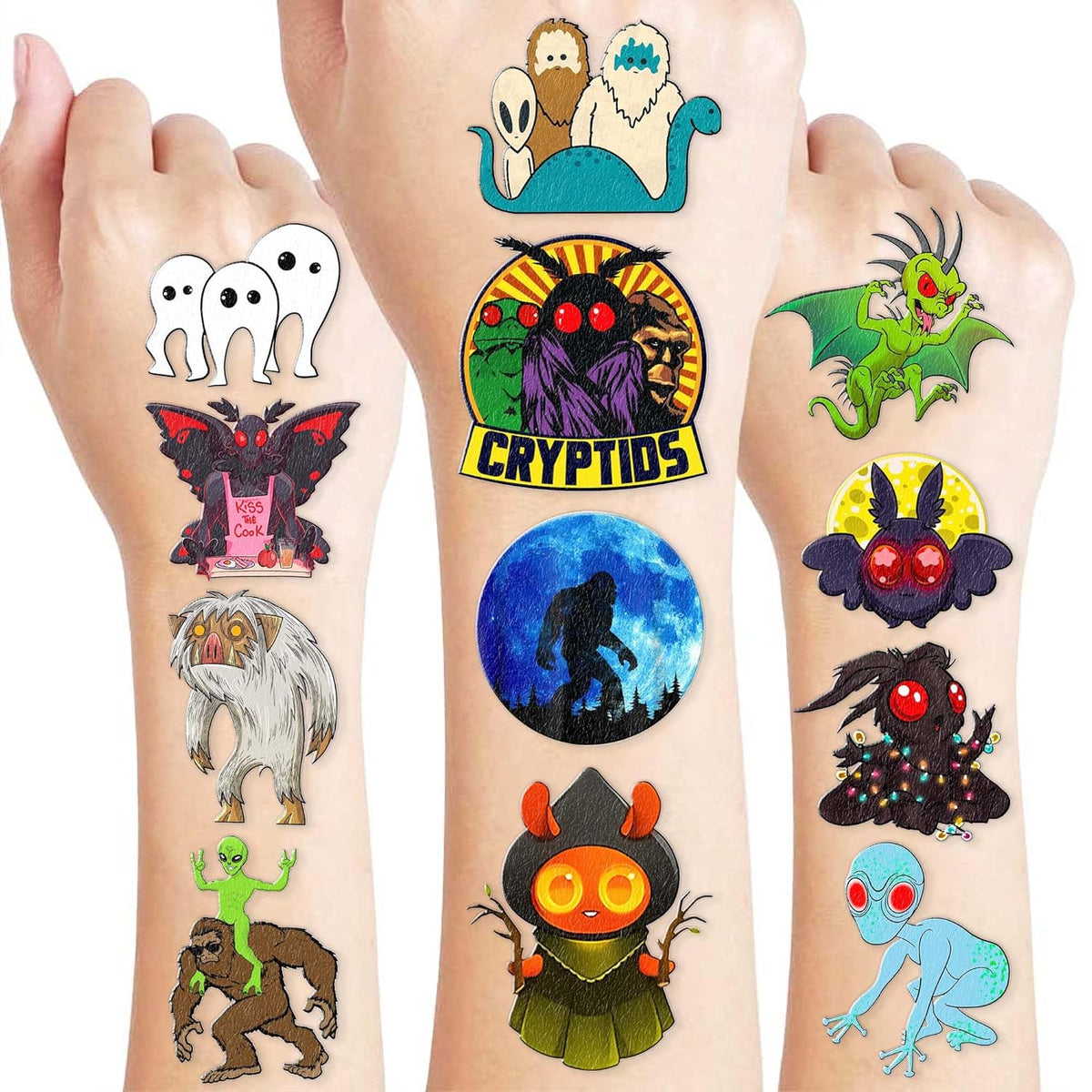 96PCS Cute Cryptid Temporary Tattoos Themed Halloween Birthday Party Decorations Supplies Favors