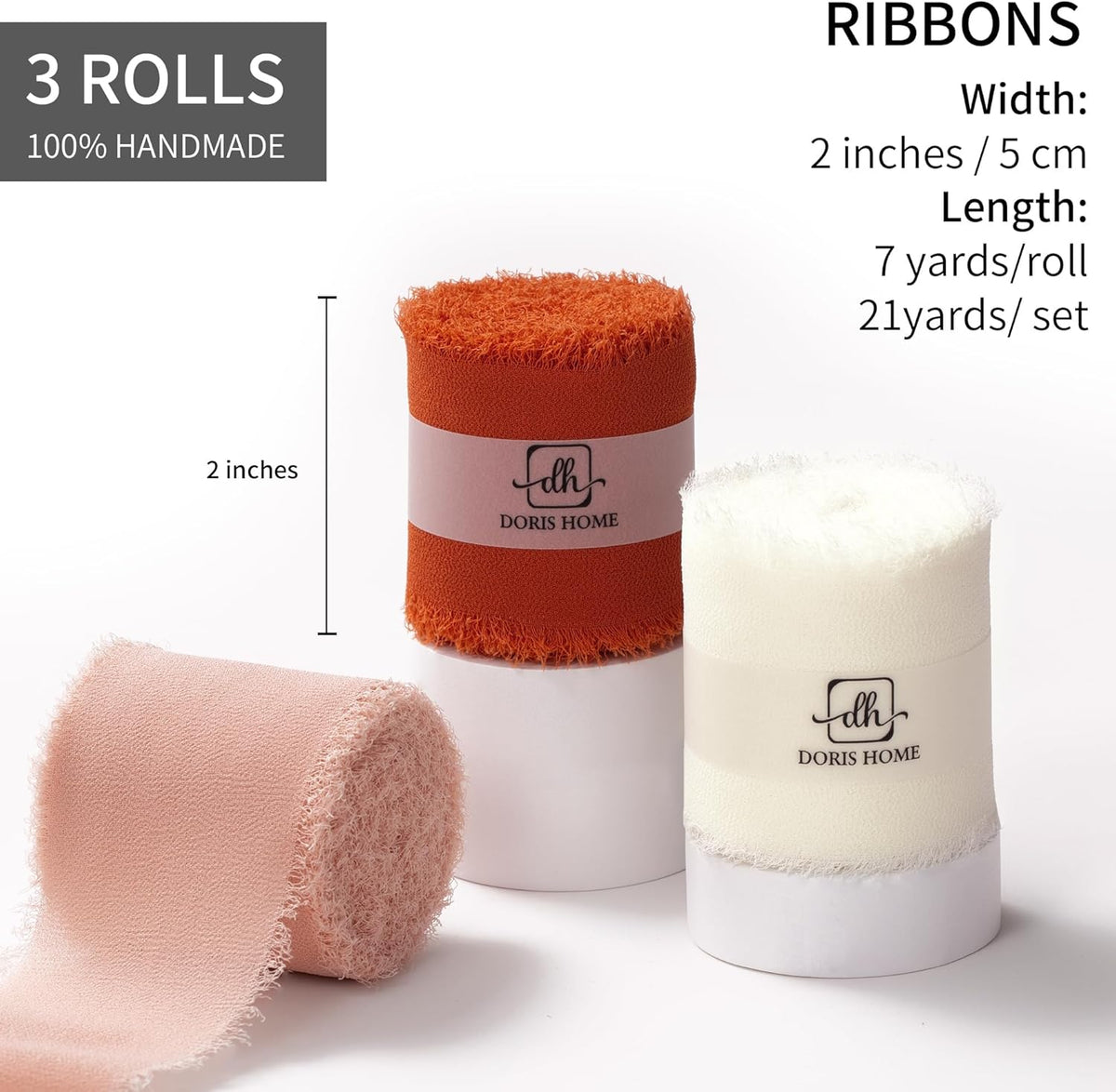 DORIS HOME 2" x21Yd Chiffon Ribbon for Flower Bouquet, Orange & Cream Fabric Ribbon for Gift