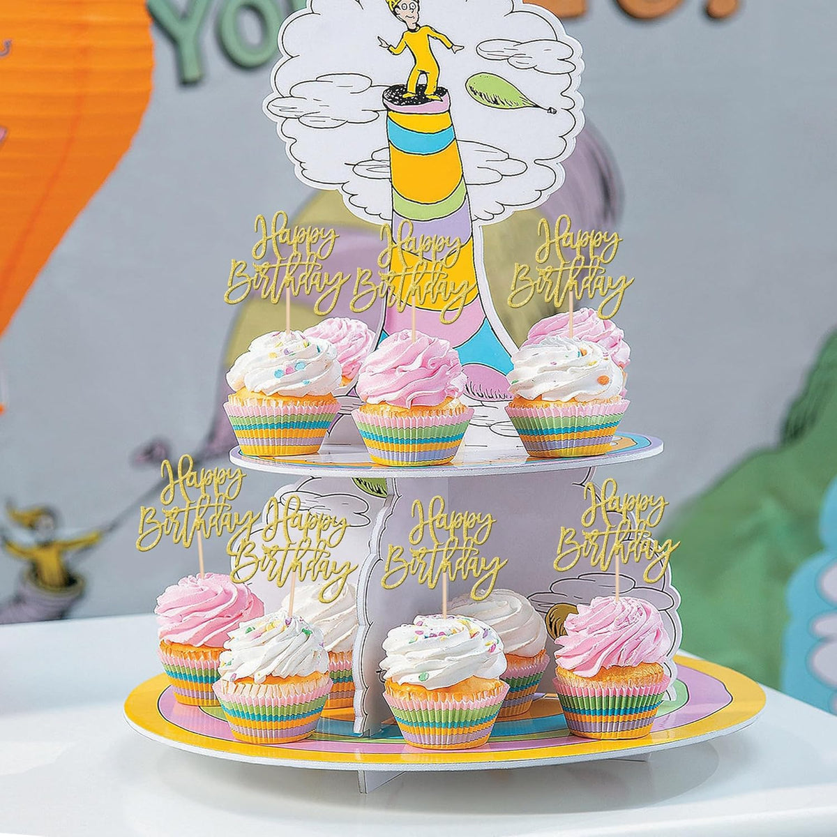 24 PCS Happy Birthday Cupcake Toppers Glitter Picks for Celebrating Anniversary Theme Party Cake