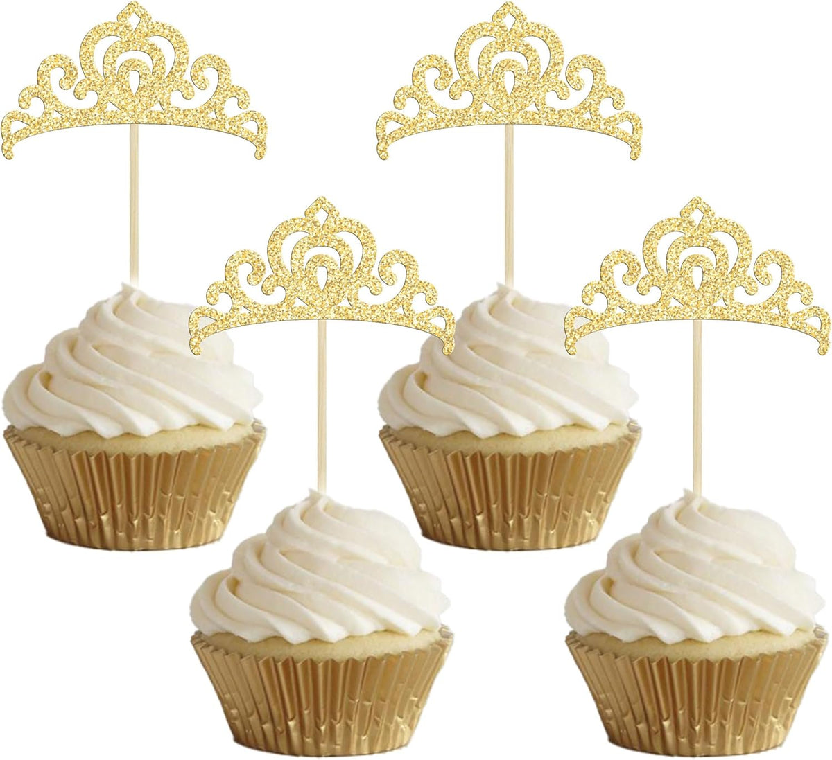 Gyufise 24Pcs Gold Princess Crown Cupcake Toppers Glitter Princess Cake Pick Decorations for