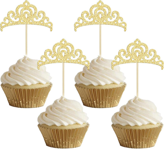 Gyufise 24Pcs Gold Princess Crown Cupcake Toppers Glitter Princess Cake Pick Decorations for