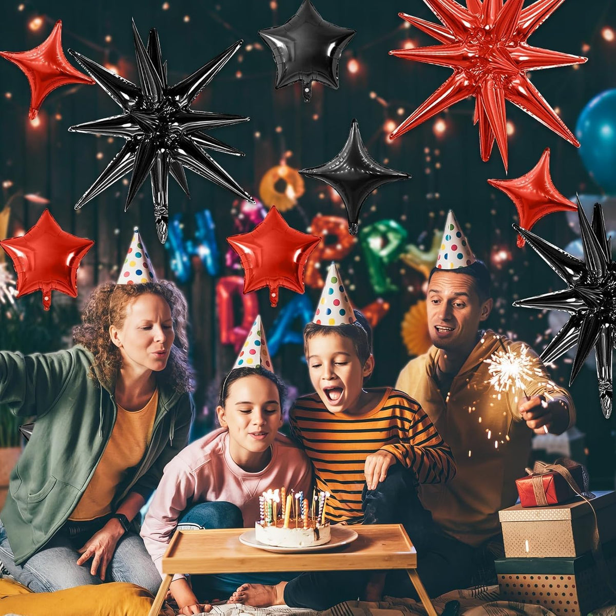 Red Black Star Balloon,16Pcs Star Foil Balloons Set with 22Inch Explosion Spike Cone Balloons and