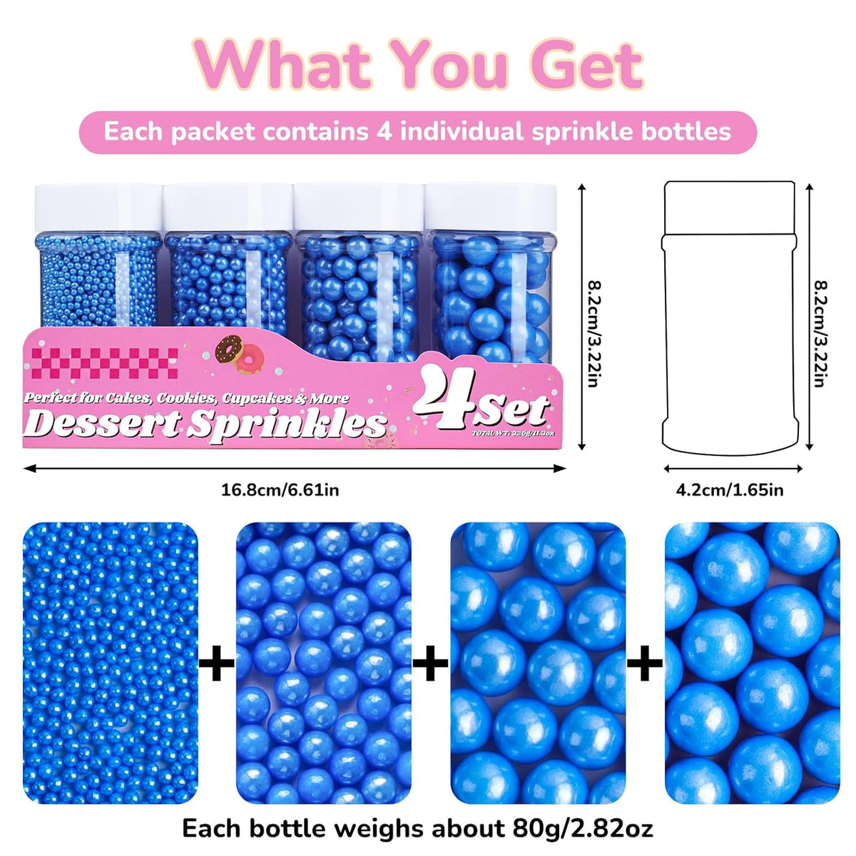 Blue Pearl Sprinkles for Cake Decorating, 11.3 Oz Edible Pearls Sugar 4 Sizes Gift Box Set for