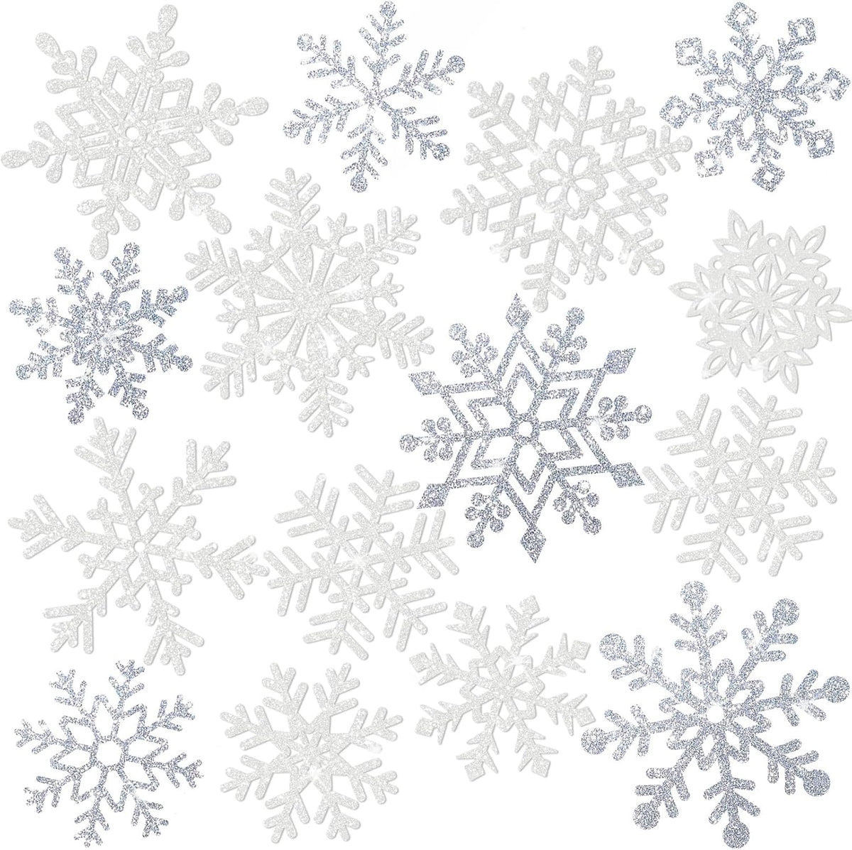 Winter Snowflake Cutouts Glitter Paper Snowflake Decorations - 100Pcs White and Silver Snow Flake