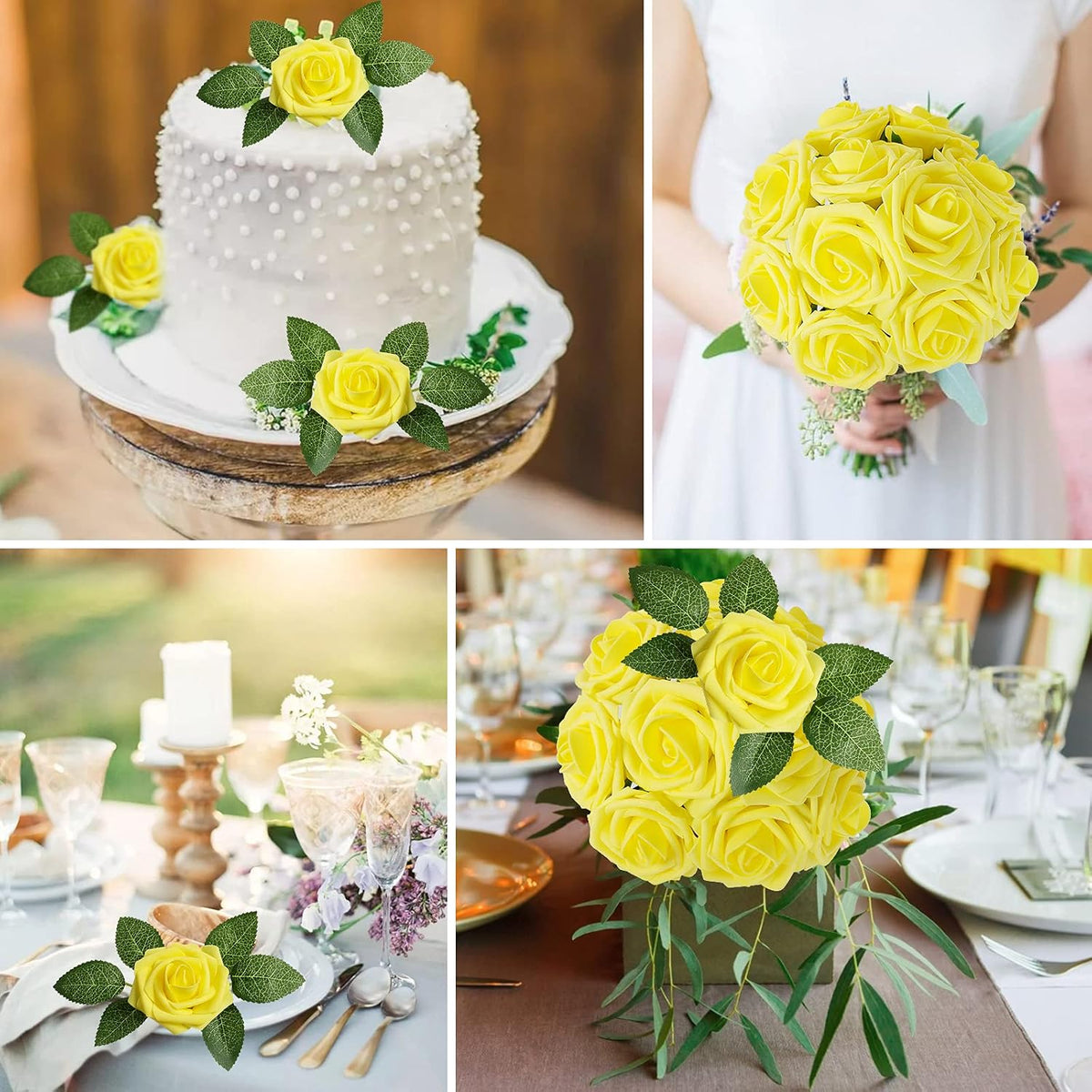 AmyHomie Artificial Flower Yellow Rose 25pcs Real Looking Fake Roses w/Stem for DIY Wedding