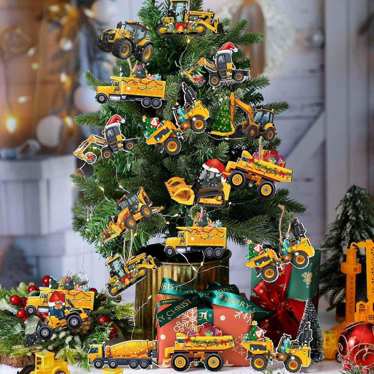 Suzile 36 Pcs Christmas Wooden Ornaments Christmas Construction Truck Ornaments Decoration Vintage