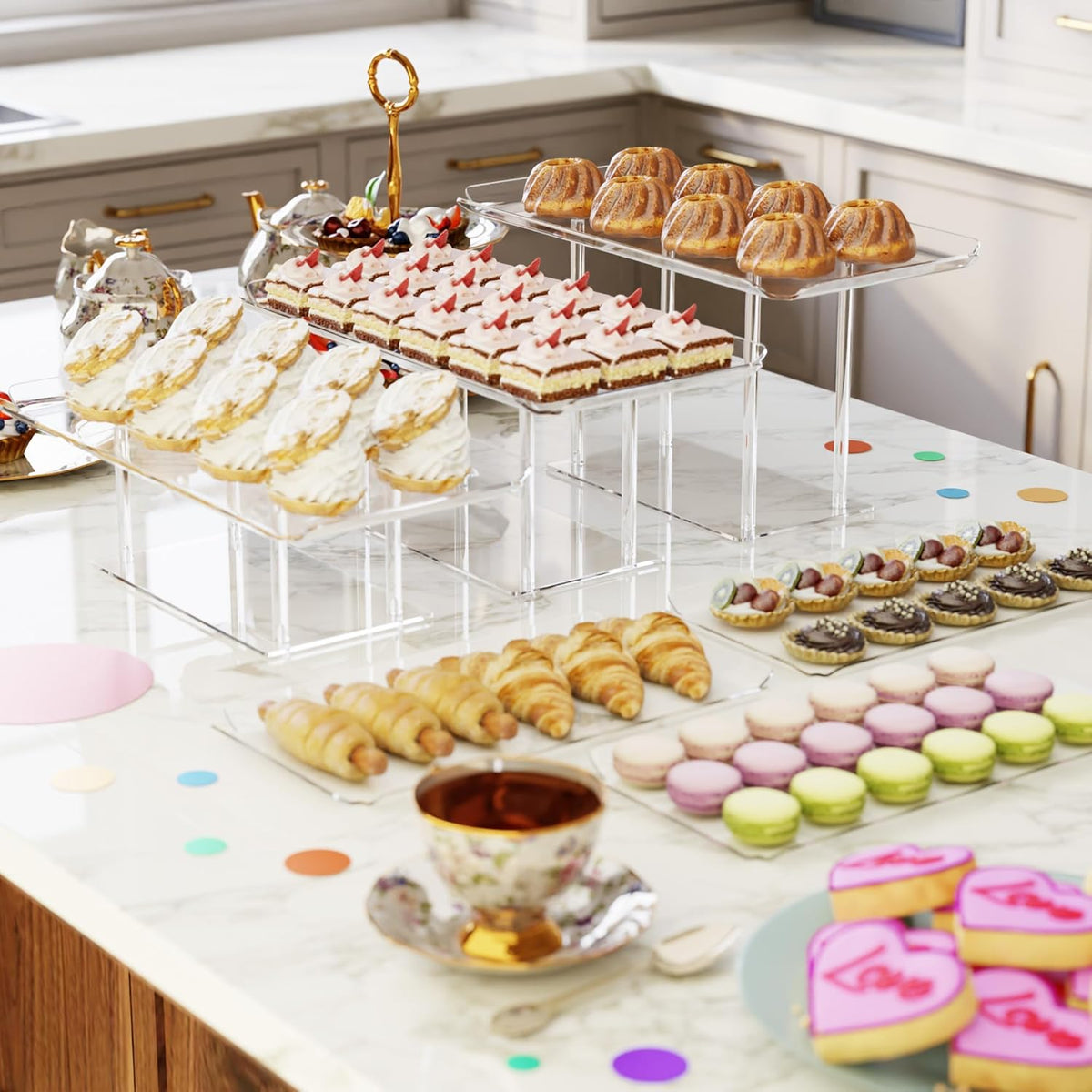 6 Pack Dessert Table Display Set, Clear Acrylic Dessert Display Stands with 3 Pack Dessert Tray