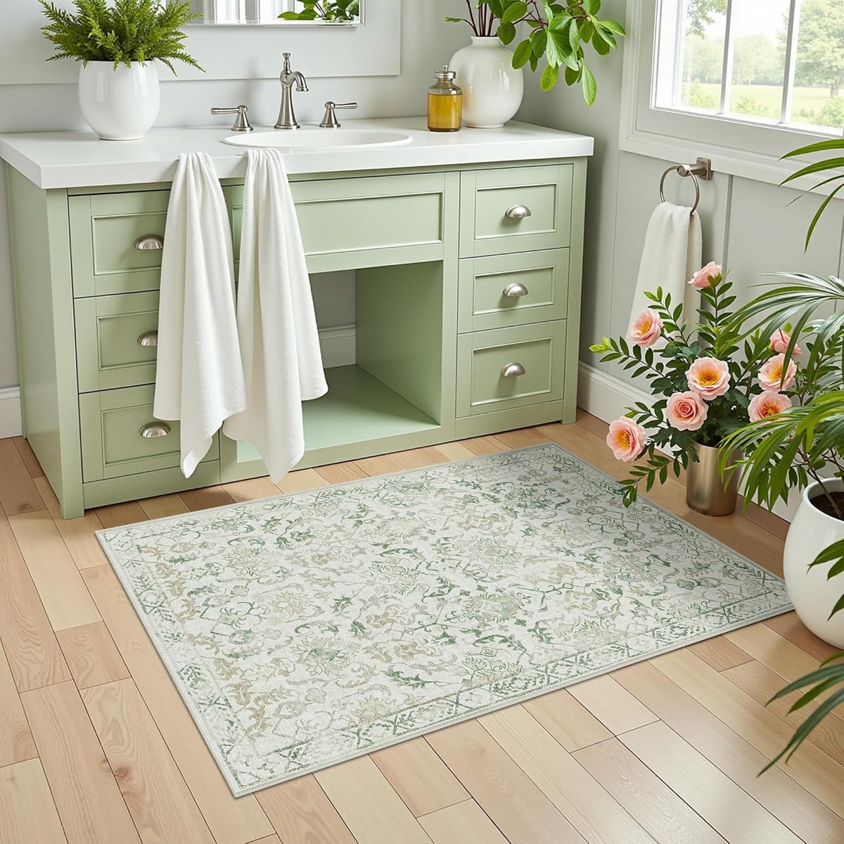 Green Small Area Rug 2x3 Throw Rug for Entryway Bathroom Kitchen, Non-Slip Low-Pile Washable