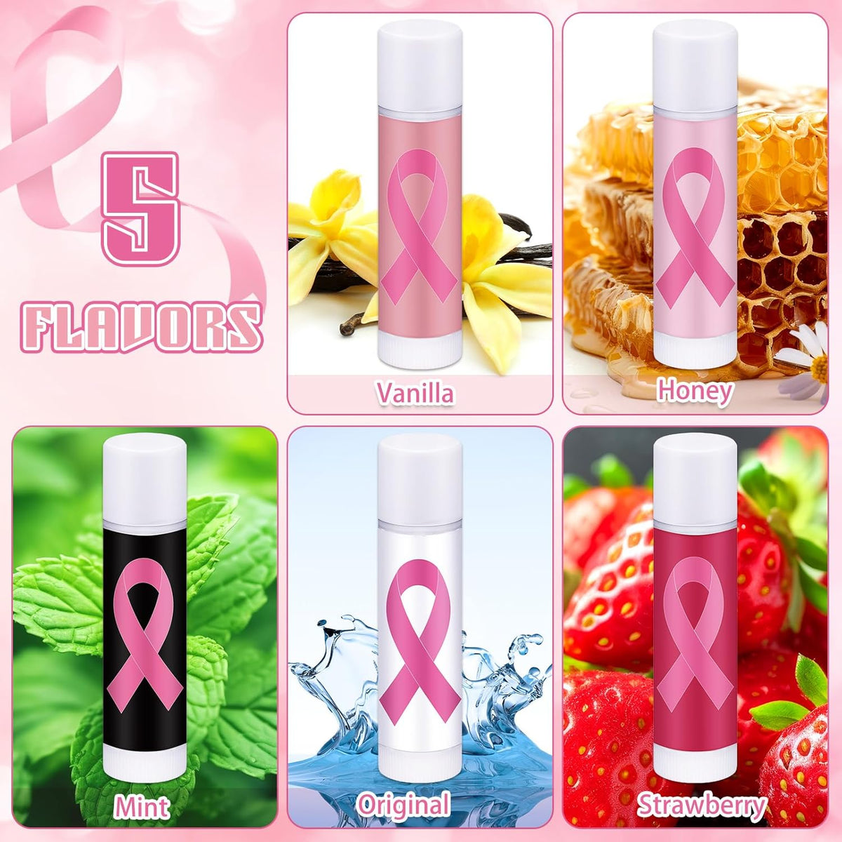 30 Pack Breast Cancer Awareness Accessories Gifts Bulk Lip Balms Favors Pink Ribbon Lip Balms