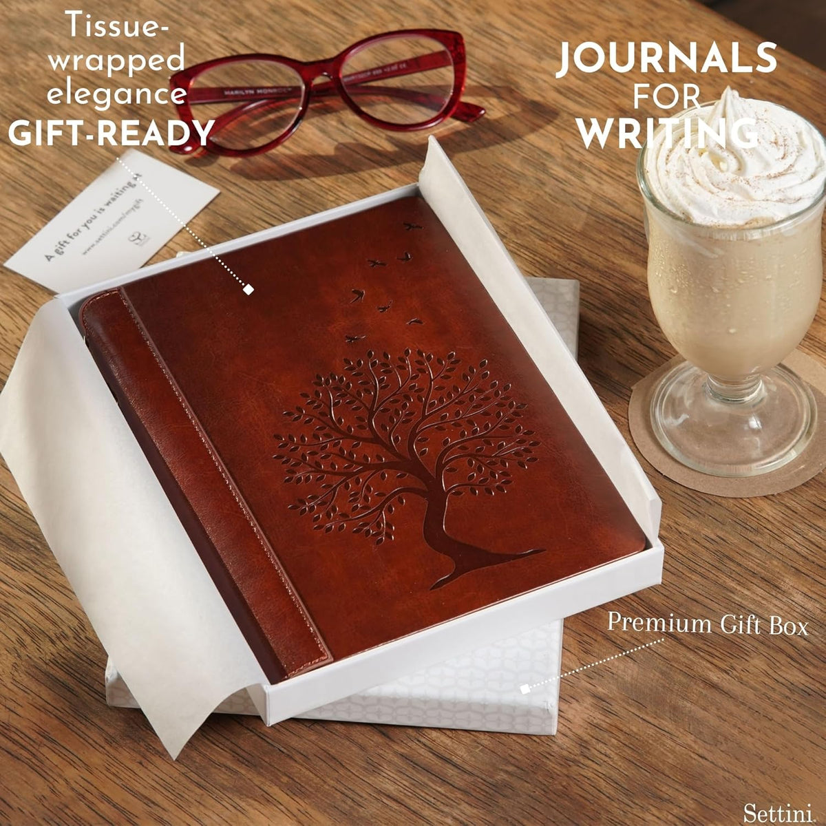 SETTINI® Tree of Life Journal Gift Set - Hardcover Vegan Leather, Unique Pen Holder, Lined, 192