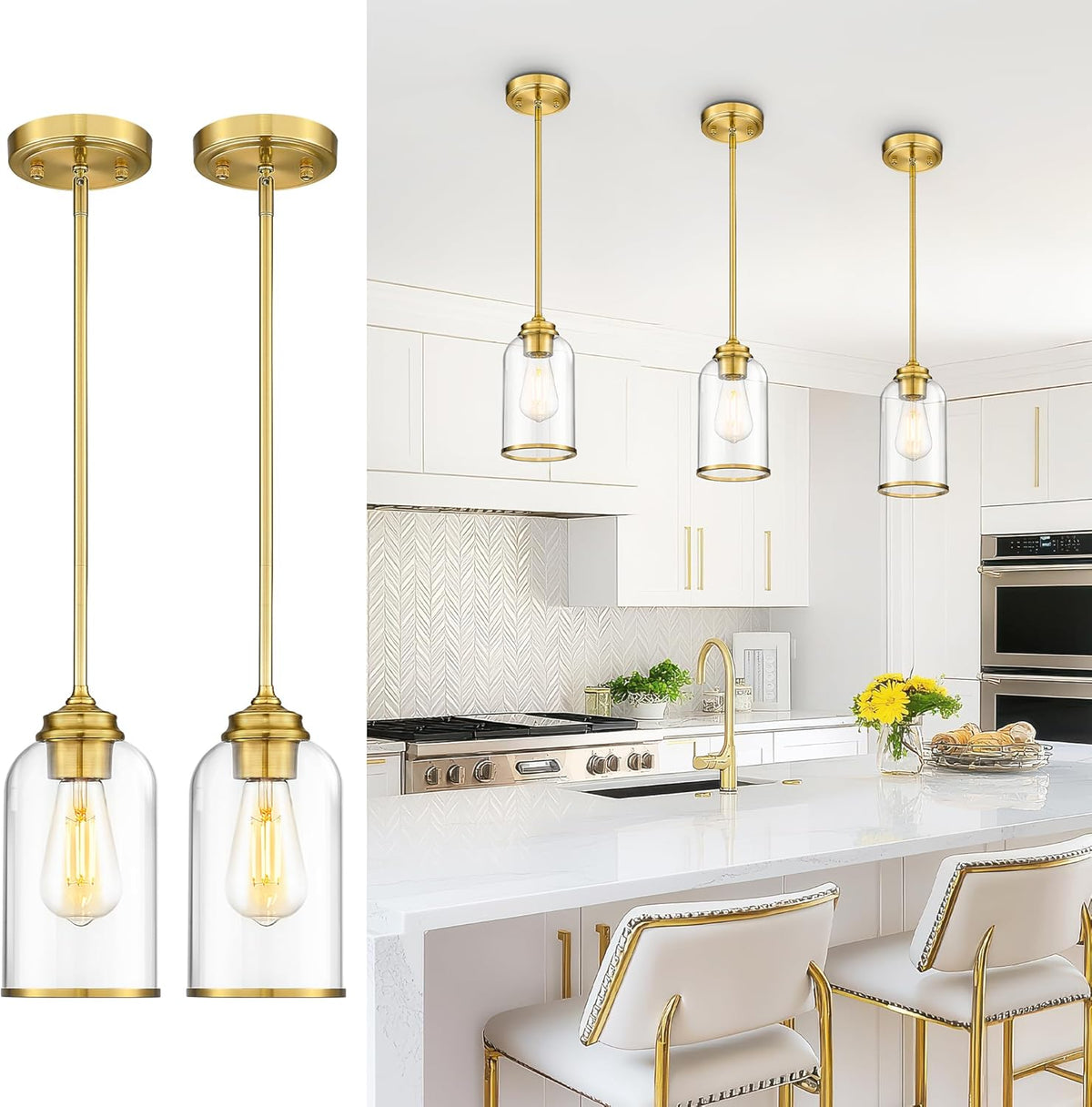 LIROUVET 2 Pack Pendant Lights, Vintage Hanging Lights, Brushed Gold Pendant Lights Kitchen Island
