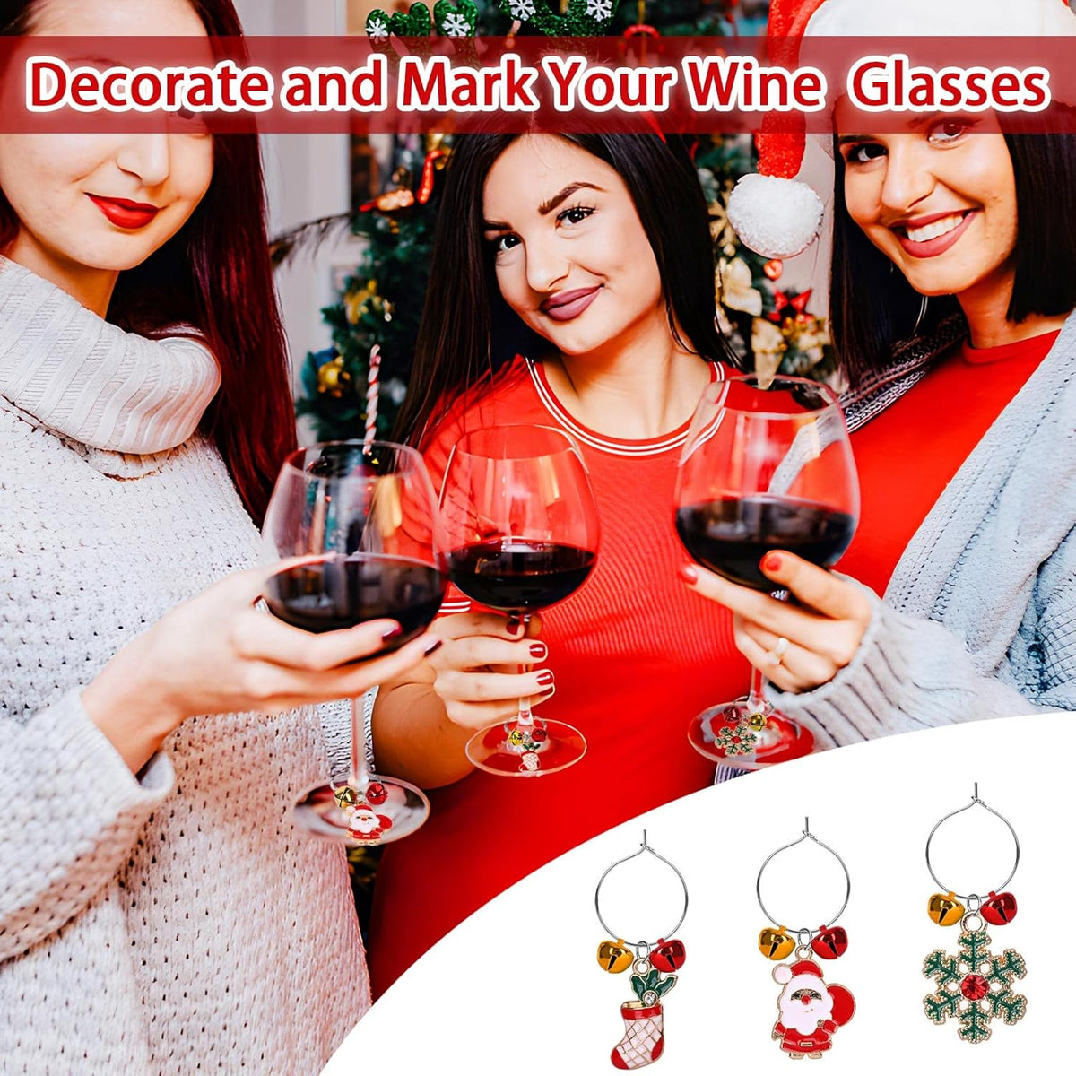 SANNIX 24pcs Christmas Wine Glass Charms - Identification Markers for Stem Glasses, Wine Tasting