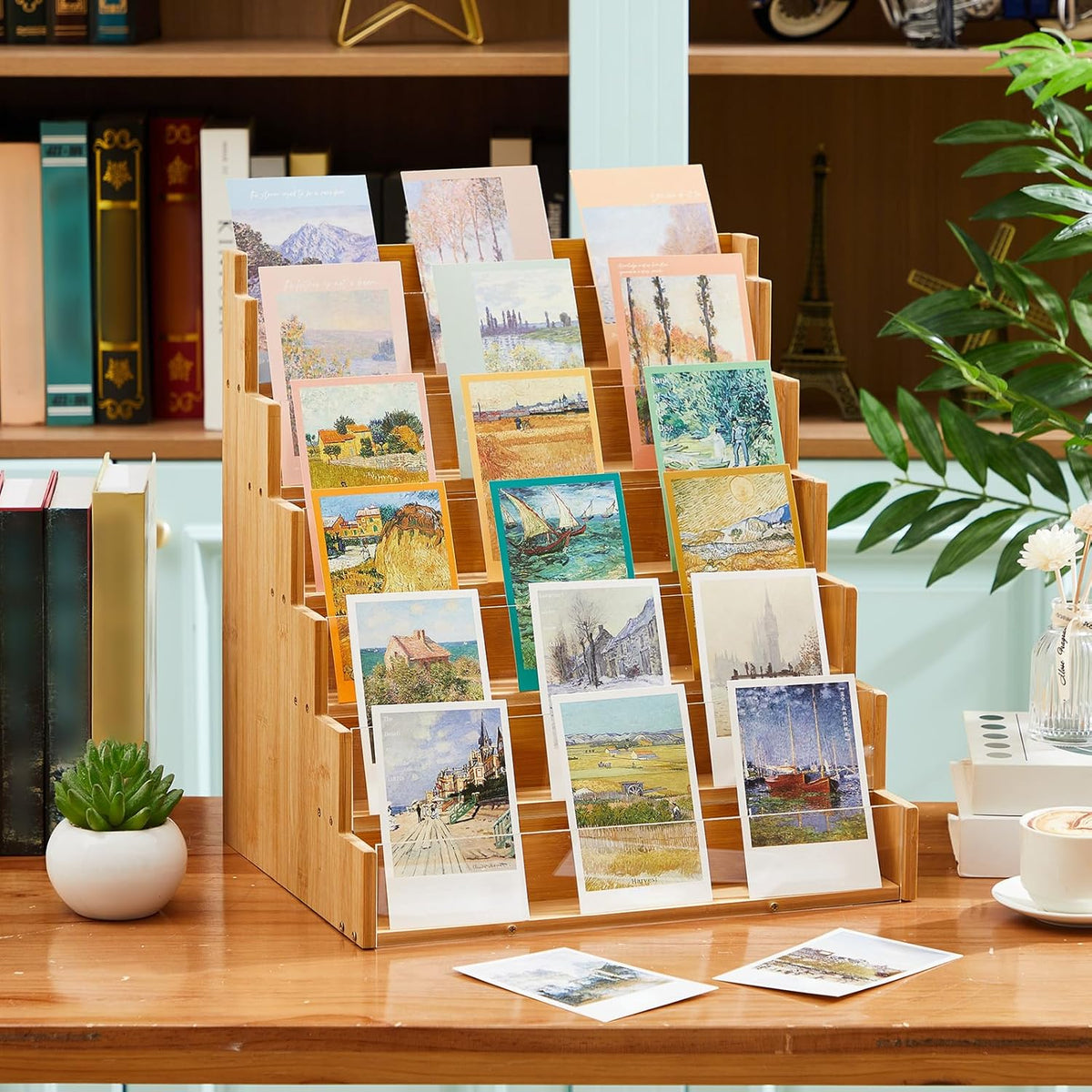 6 Tier Greeting Card Display Stand Wood Color Bamboo and Acrylic Sticker Display Stand Trading Card