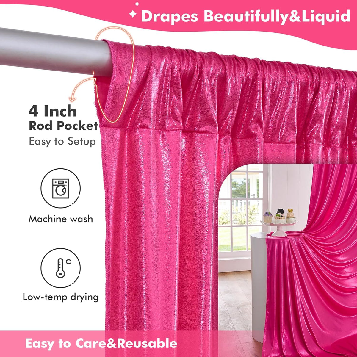 20x10ft Shimmer Hot Pink Sequin Backdrop Curtain for Parties, Thick Wrinkle Free Glitter Fuchsia