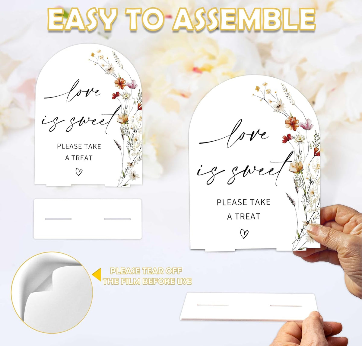 Boho Floral Love is Sweet Sign, 6 x 8 Inch White Arch Acrylic Wedding Sign with Holder, Wedding