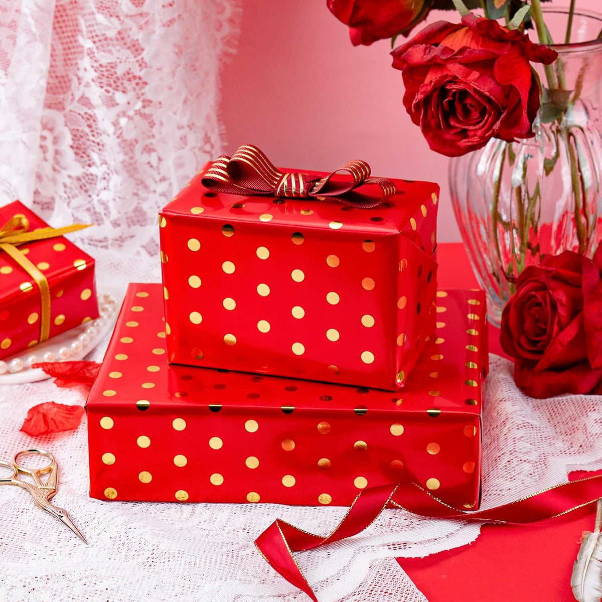 Flyhill Gold Foil Polka Dot Wrapping Paper Roll,Mini Roll Red Reversibl Gift Wrap for