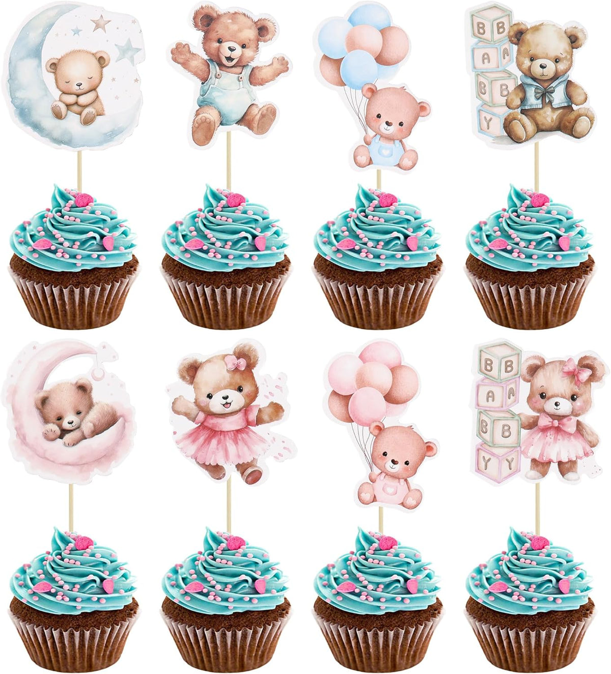 Gyufise 32Pcs Baby Shower Bear Cupcake Toppers Moon Baby Bear Baby Shower Cake Topper Decorations