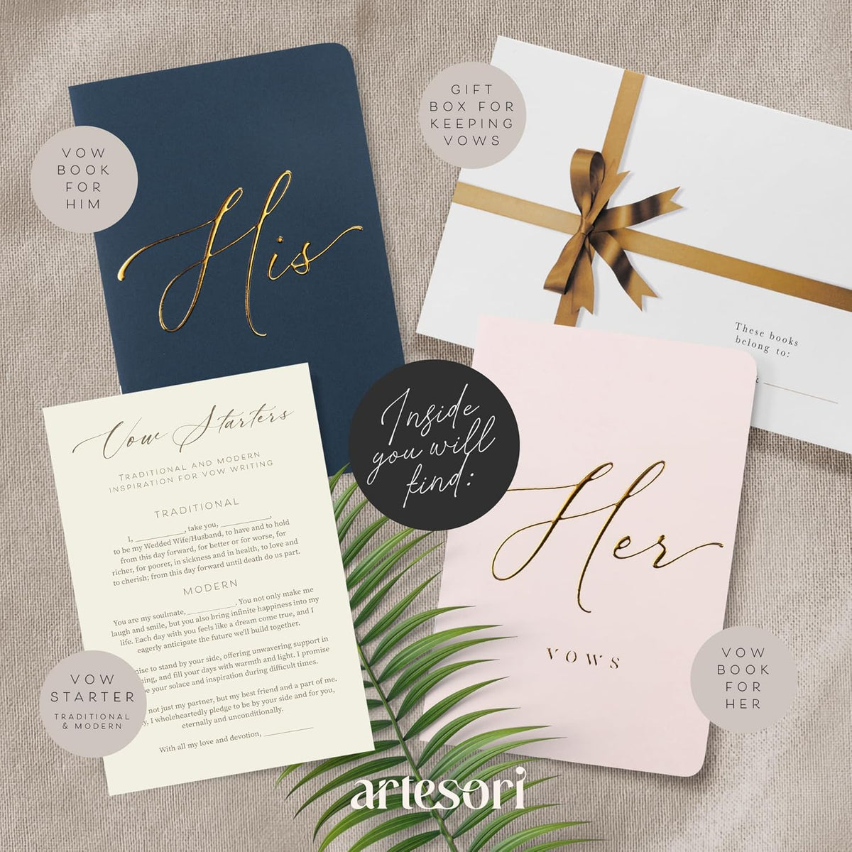 ARTESORI Wedding Vow Book for Her & Him, Soft Touch, Gold Engraving, 28 Lined Pages, Wedding Vow