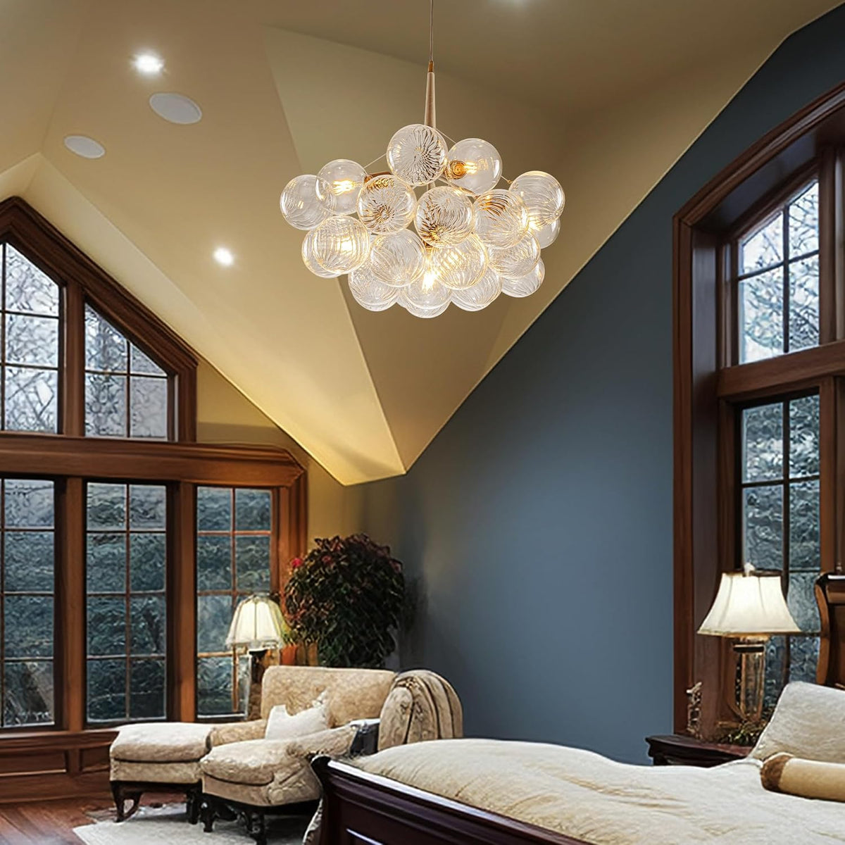 Mid-Century Bubble Globe Chandelier, White and Gold 6 Lights Dia 24" Swirled Glass Chandeliers for