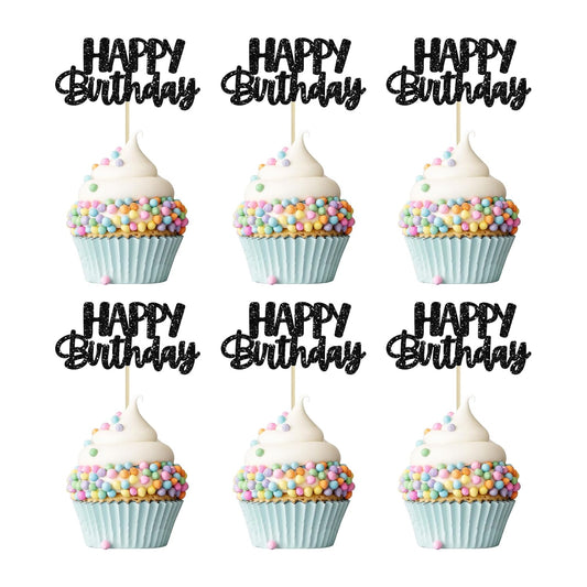 Gyufise Happy Birthday Cupcake Toppers Black Glitter Birthday Cake Topper Picks Dessert Topper