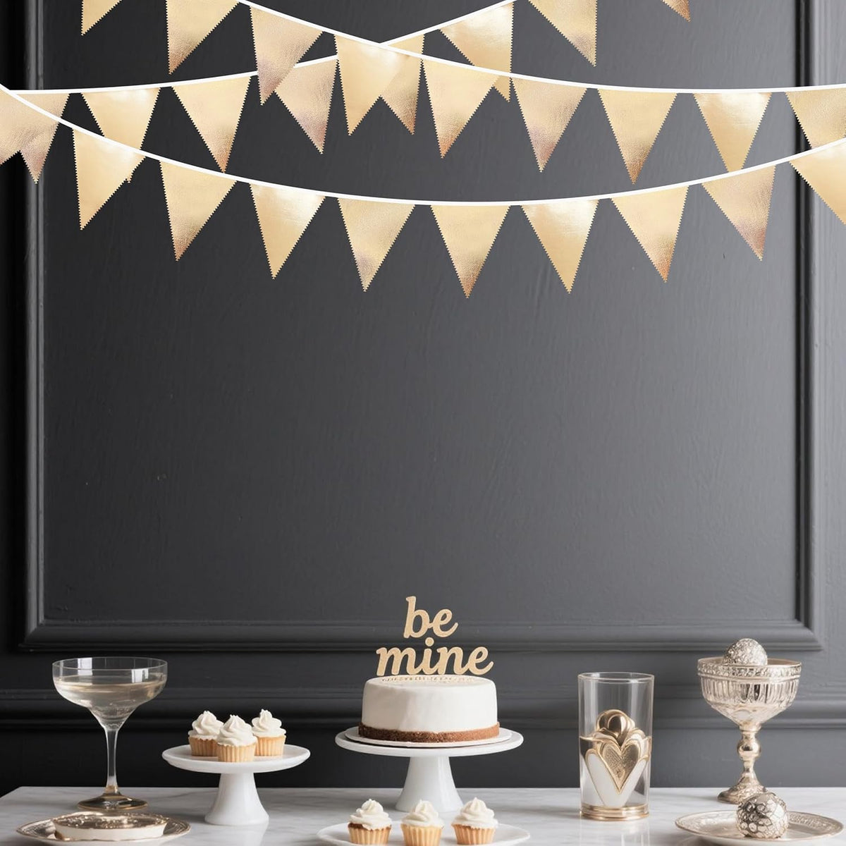 Champagne Gold Party Decoration Metallic Fabric Triangle Pennant Banner Flag Bunting Garland for