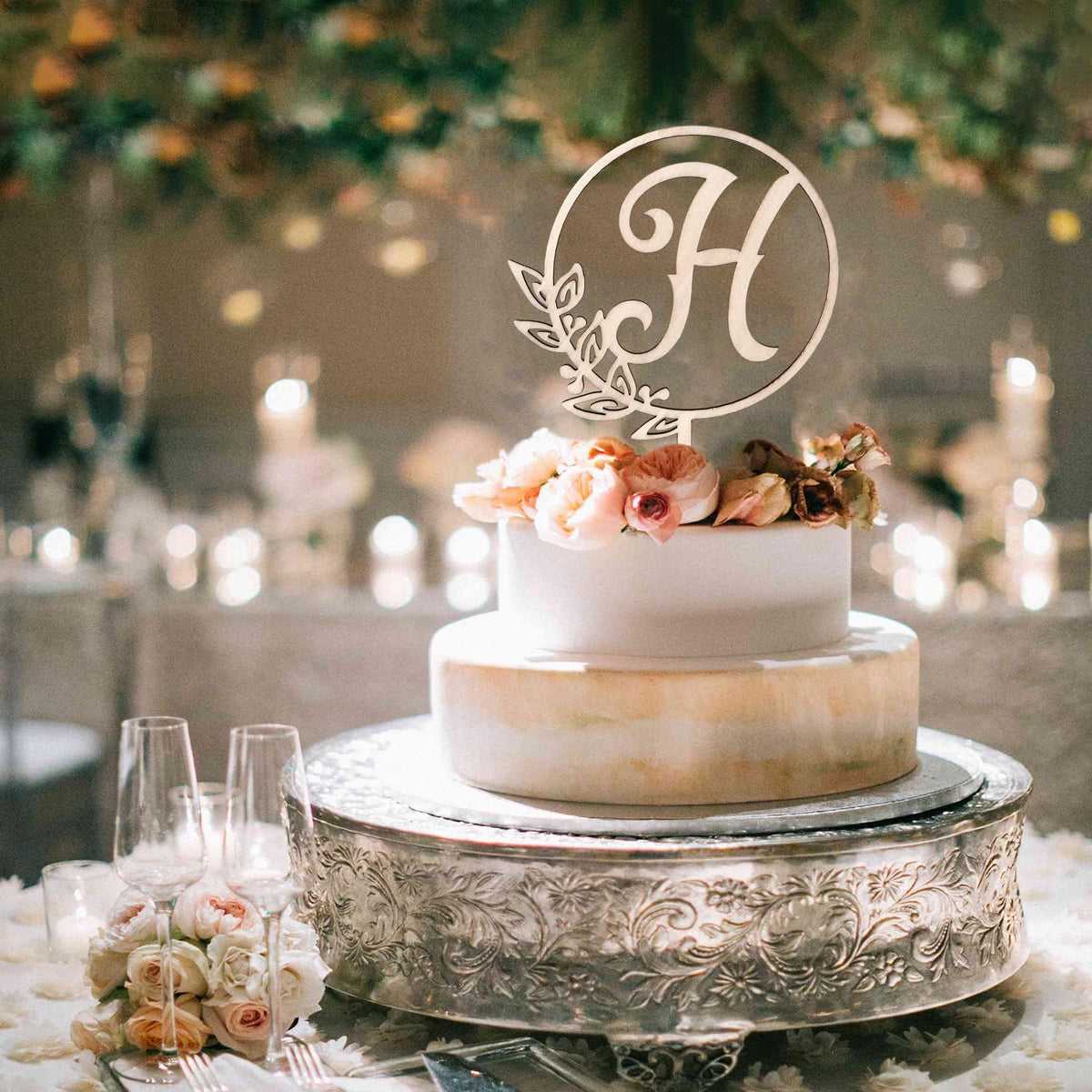 LINGTEER Personalized Inital Letter H Wooden Cake Topper Perfect for Birthday Rustic Wedding