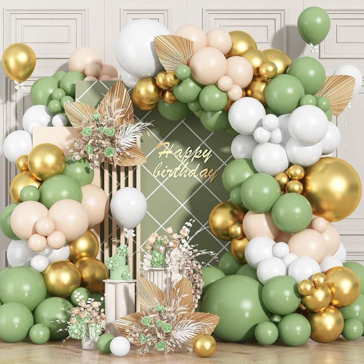 Sage Green Balloon Arch Kit 97Pcs Avocado Green Gold Balloons Garland Kit with Double Stuffed