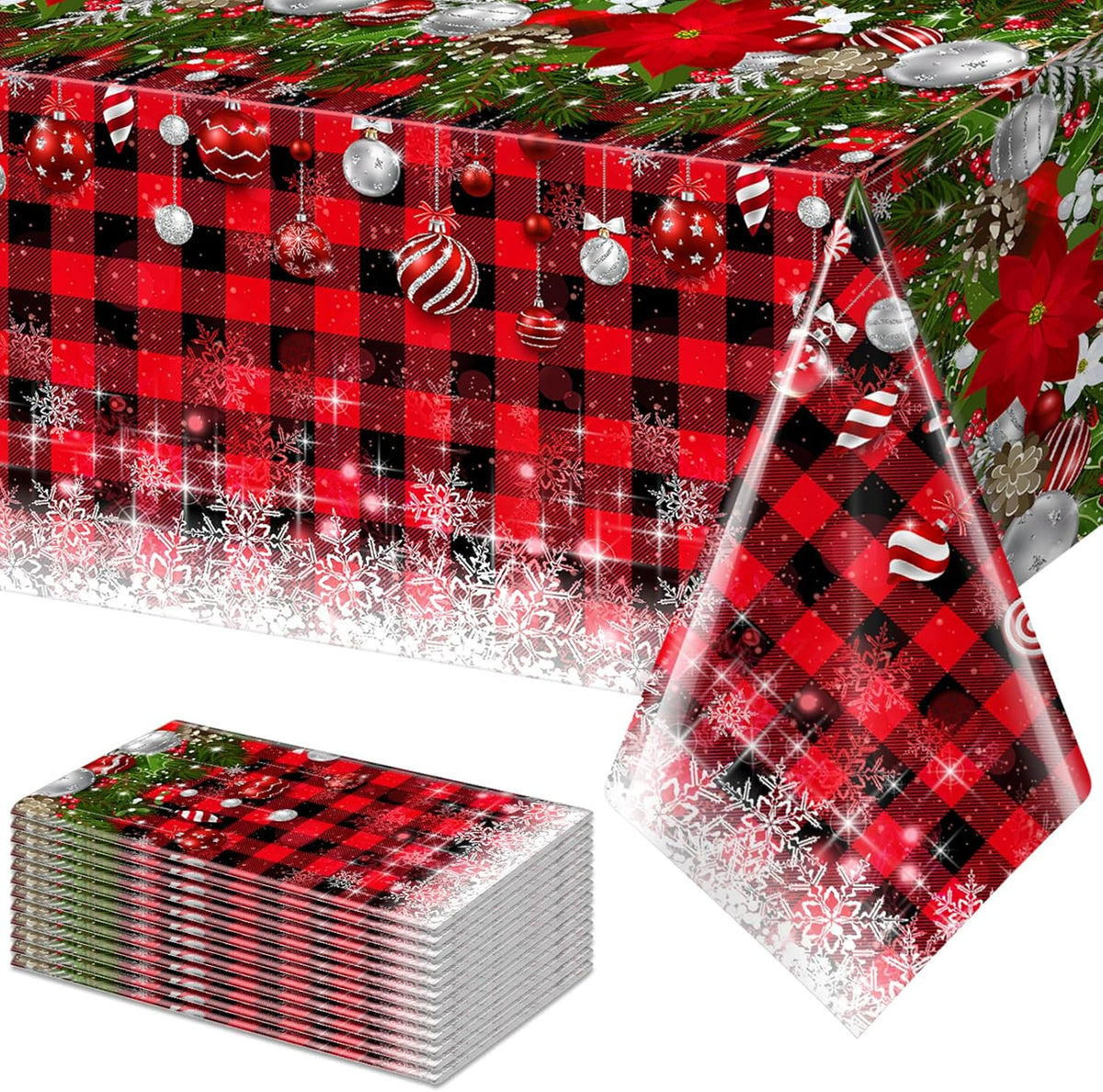 12Pcs Christmas Buffalo Plaid Snowflake Tablecloths,Plastic Red and Black Checkered Rectangle
