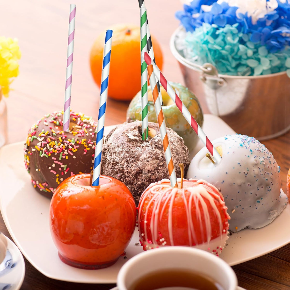 200 Striped Paper Straws, Biodegradable Disposable Drinking Colorful Straws for Birthdays, Coffee